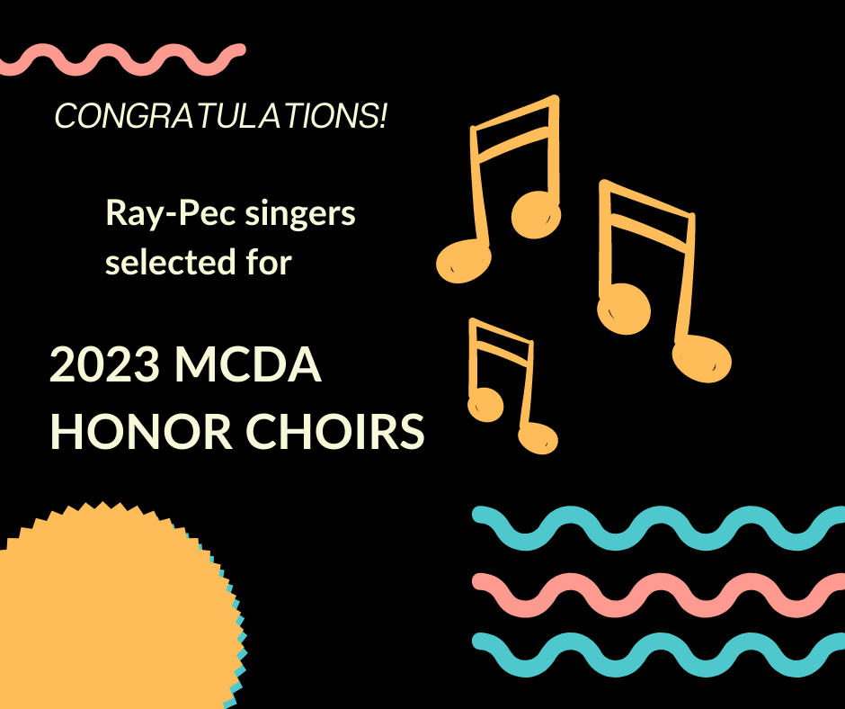 Black background with colorful words announcing the 2023 MCDA Honor Choirs