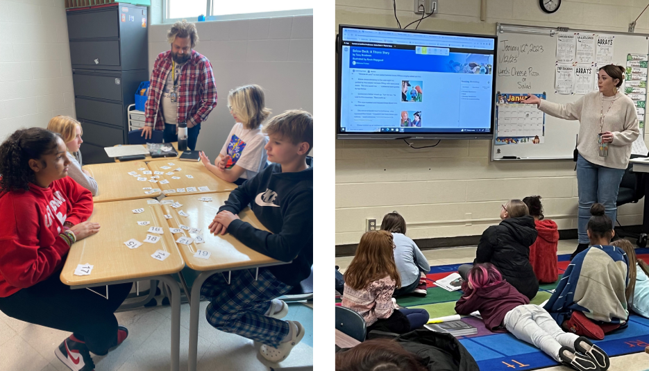 At left, Spanish Teacher Jason Rose works with students at Ray-Pec East Middle School. At right, Elaina Smith teaches Third Grade at Raymore Elementary School.