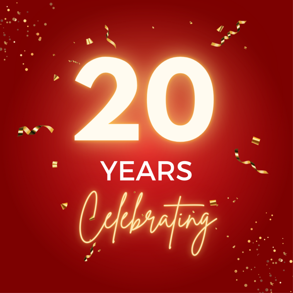 Graphic with words "Celebrating 20 years"