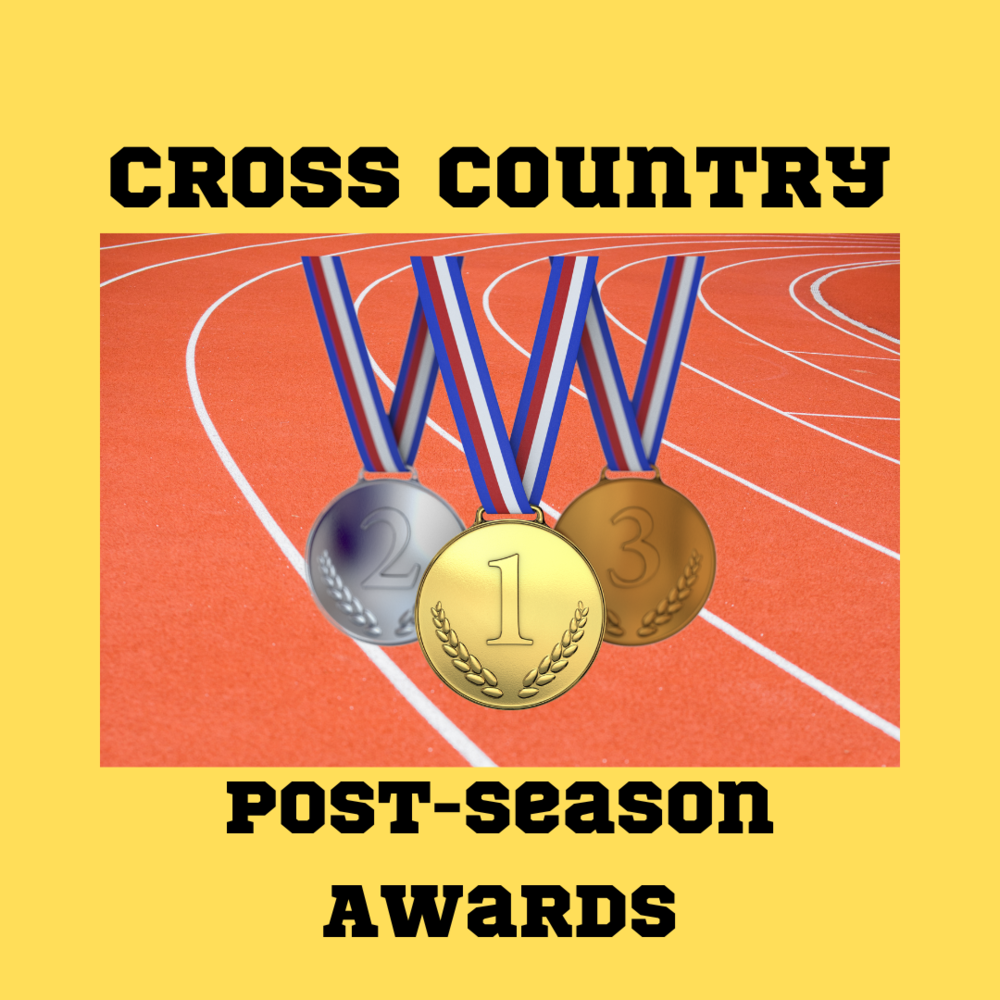 Image of track with medals and the words "Cross Country Post-Season Awards"