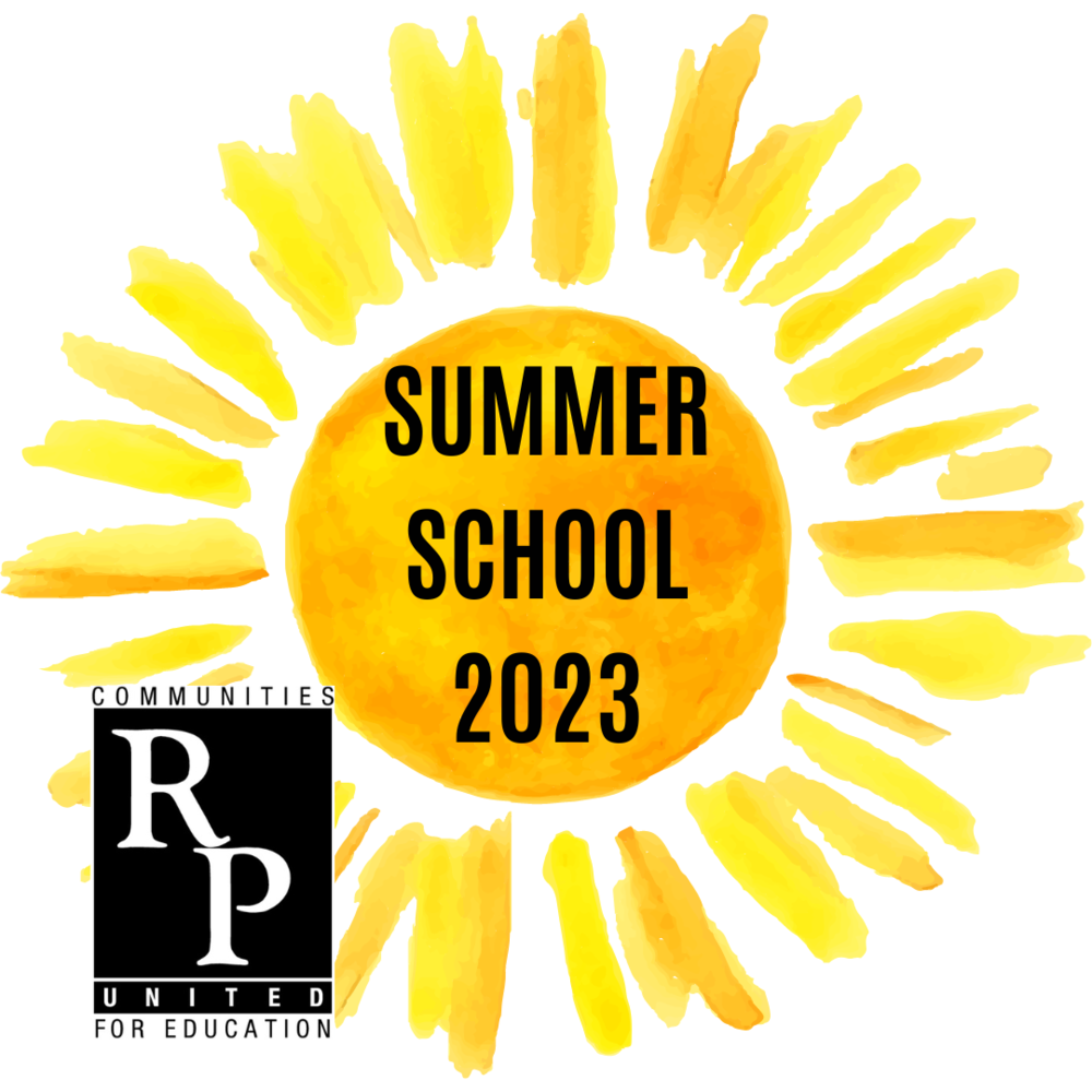 Watercolor sun with the words "Summer School 2023"