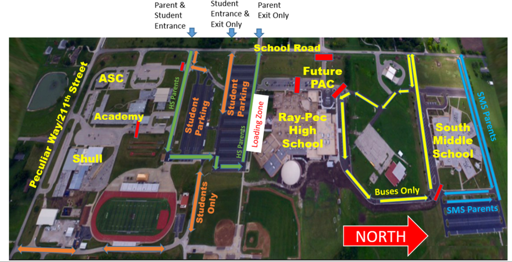 Map of high school campus with directional arrows