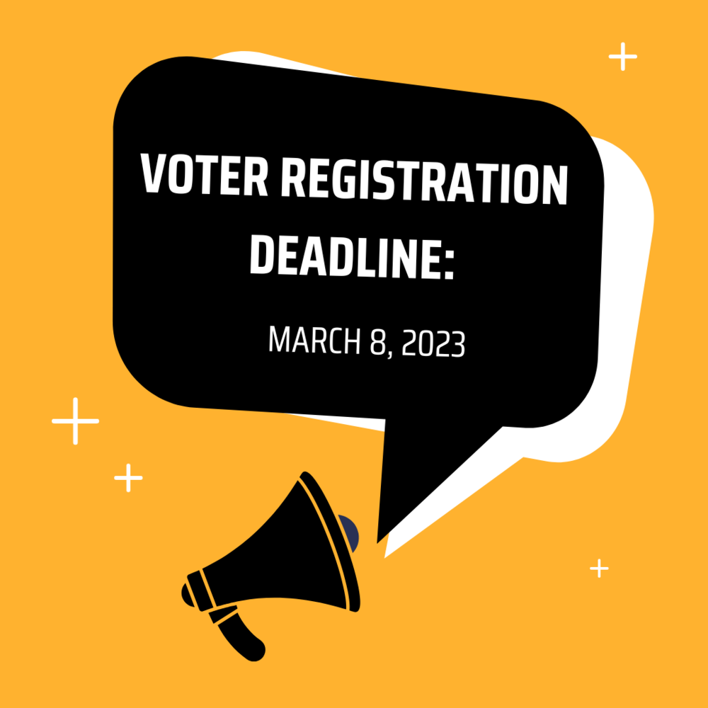 Image of megahone with these words: Voter Registration Deadline: March 8, 2023