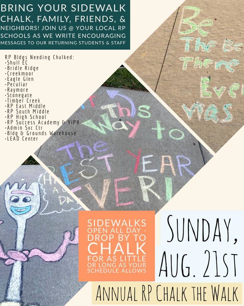 Flyer invites people to use sidewalk chalk to "Chalk the Walk" with pictures and inspiring greetings at the entrance to each school district facility