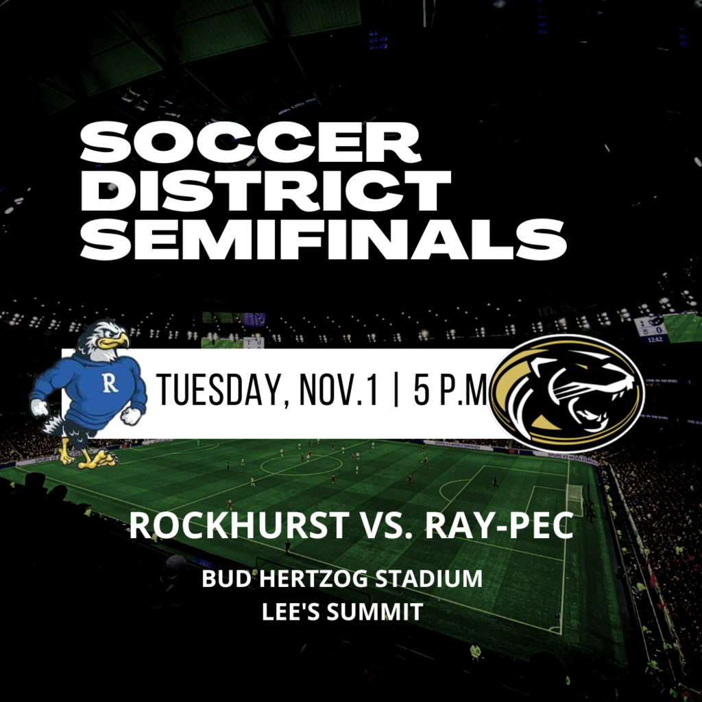 Image with Rockhurst and Ray-Pec mascots announcing district semifinal game