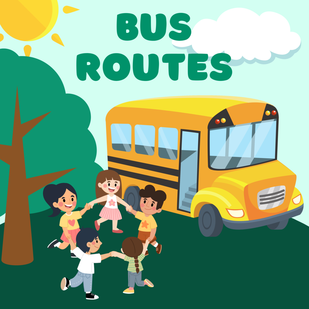 Photo of cartoon kids dancing near a  cartoon bus and text that reads "bus routes"